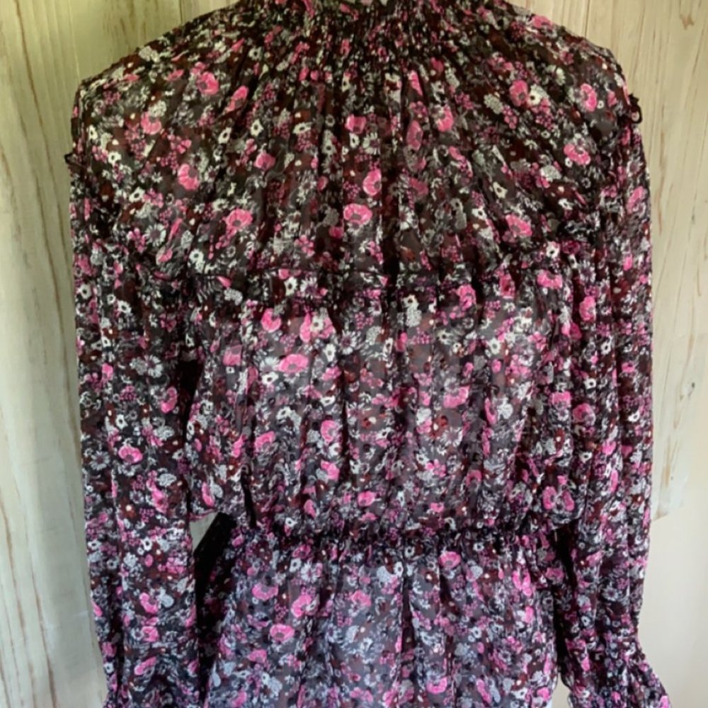 NWOT XL Zara Black + Pink Floral Ruffle Blouse